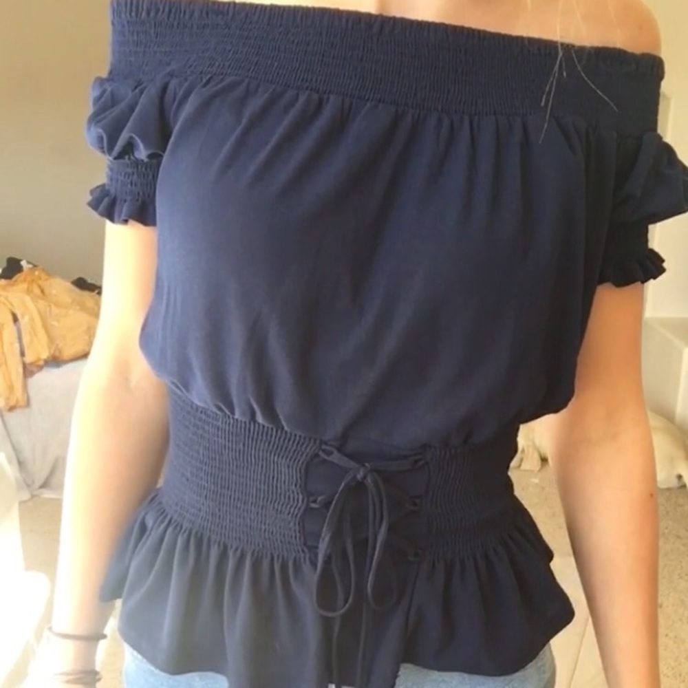 Blue off the shoulder w tied waste/ruffled bottom